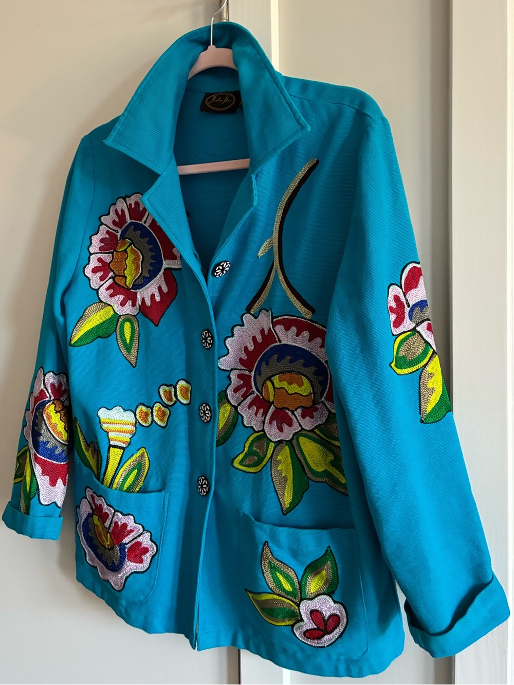 Turquoise Floral Embroidered Jacket - Women